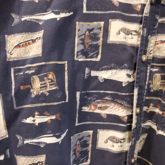 🎣 Vintage Mountain Tek Fishing / Fisherman Print Button Down Dad Shirt - XL - Picture 4 of 6